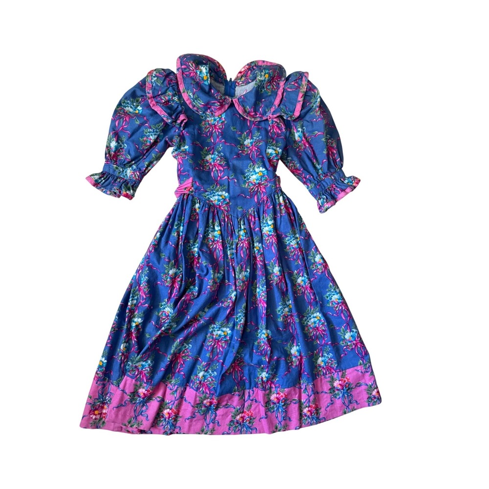 Vintage 80s/90s Simi blue and pink floral print girls dress prairie cottagecore